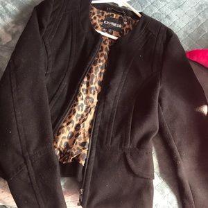 Express Black Pea Coat w/ Cheetah Print